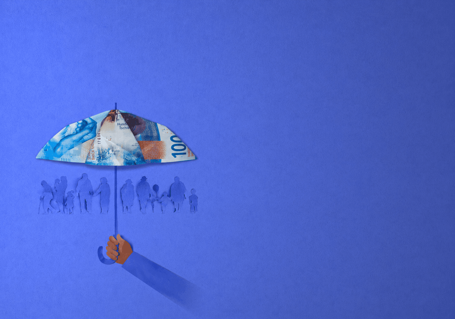 Image pour l'annonce de collecte de fonds - Des personnes protégées par un parapluie fait de billets de banque