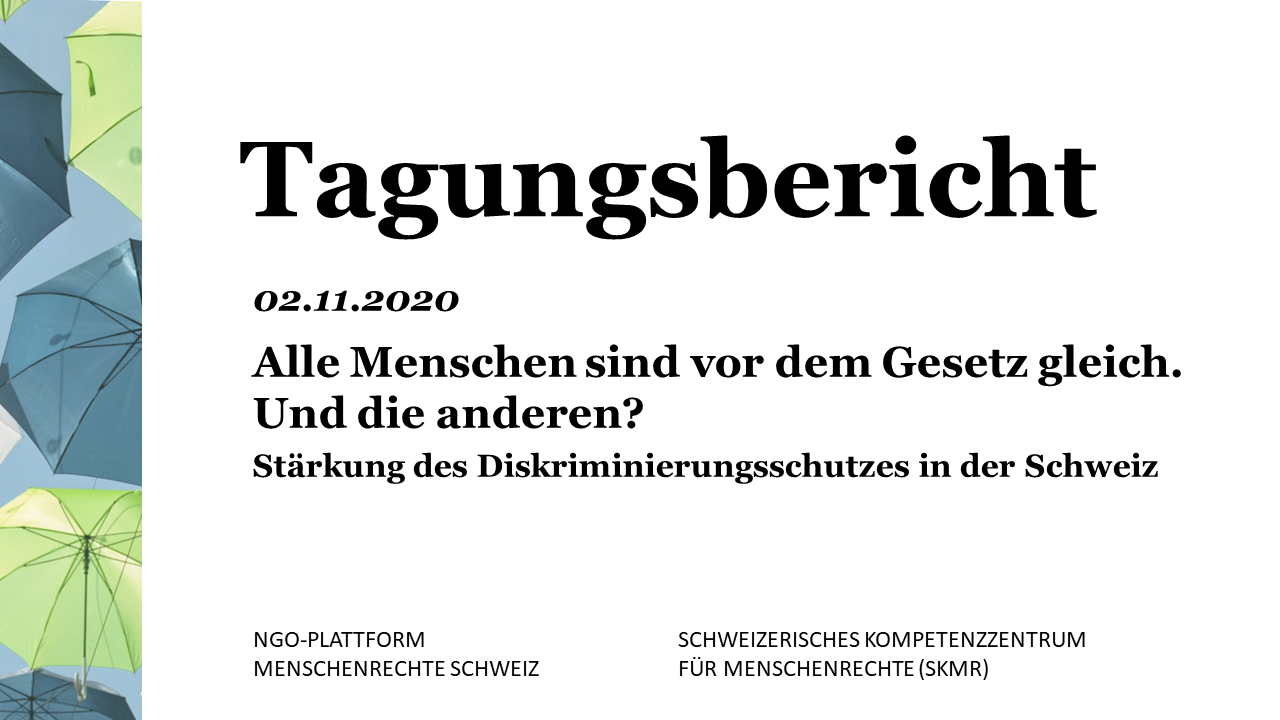 Die von der NGO-Plattform Menschenrechte Schweiz und dem Schweizerischen Kompetenzzentrum für Menschenrechte (SKMR) gemeinsam organisierte Tagung zum Diskriminierungsschutz in der Schweiz am 2. November 2020 war ein voller Erfolg. Über 140 Fachpersonen aus NGOs, Aktionsgruppen, Beratungsstellen, der Wissenschaft und der Verwaltung nahmen am Austausch teil. Es zeigte sich deutlich, dass gemeinsame Strategien und ein vernetztes Vorgehen für das Vorantreiben des Diskriminierungsschutzes unabdingbar sind.