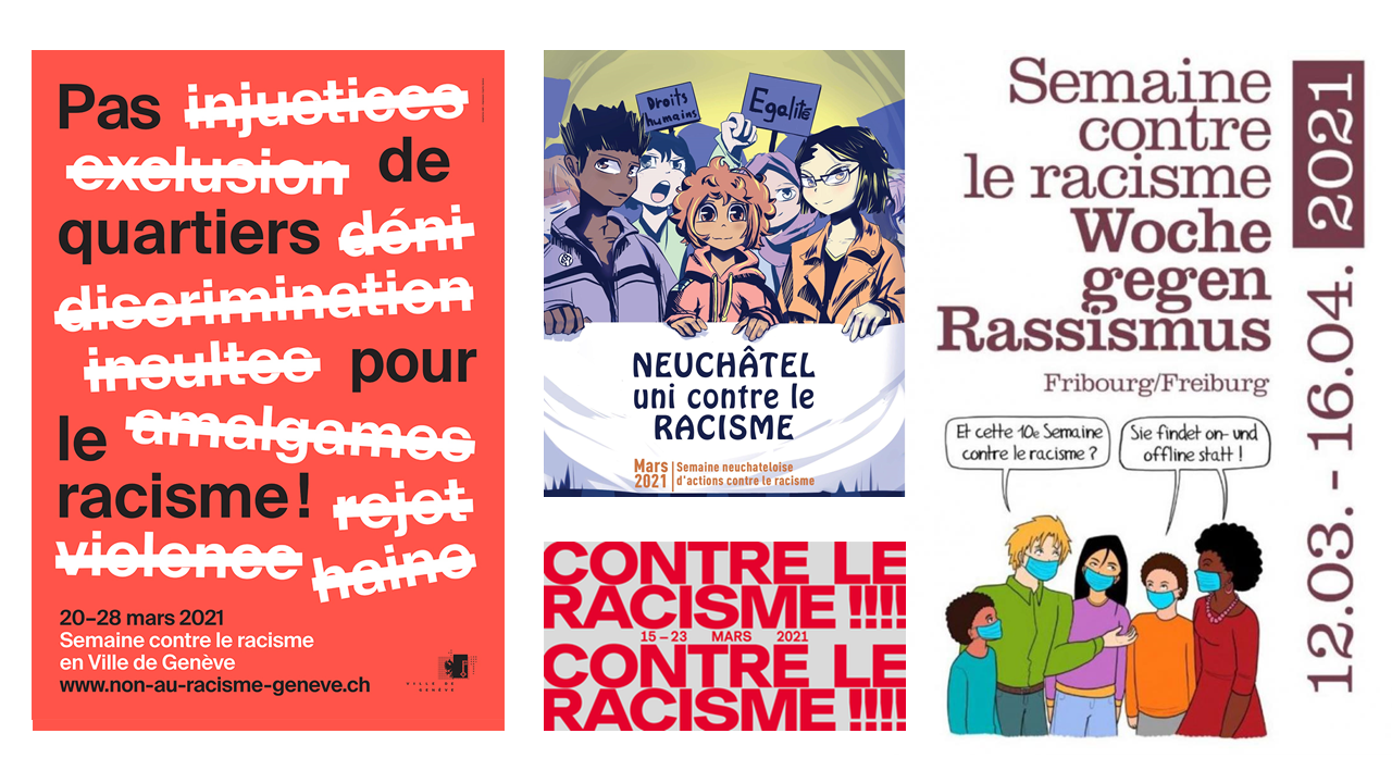 La «Journée internationale pour l'élimination de la discrimination raciale» a été déclarée par l’ONU le 21 mars. 61 ans après le massacre à caractère racial des manifestant·e·s contre le régime d'apartheid en Afrique du Sud, la lutte contre le racisme n'a en rien perdu de son importance. En Suisse comme dans le reste du monde, cantons, organisations, associations et collectifs font du mois de mars une occasion de mobiliser la population contre le racisme.