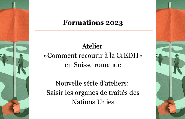 Notre série d’ateliers «Comment recourir à la CrEDH?» a suscité un grand intérêt. Un dernier atelier en ligne sur l’assistance judiciaire gratuite clôturera cette série le 4 avril 2023. En 2023, nous continuerons à transmettre des connaissances sur les litiges stratégiques avec un nouveau cycle d’ateliers sur la procédure de communication individuelle auprès des organes de traité des Nations Unies.